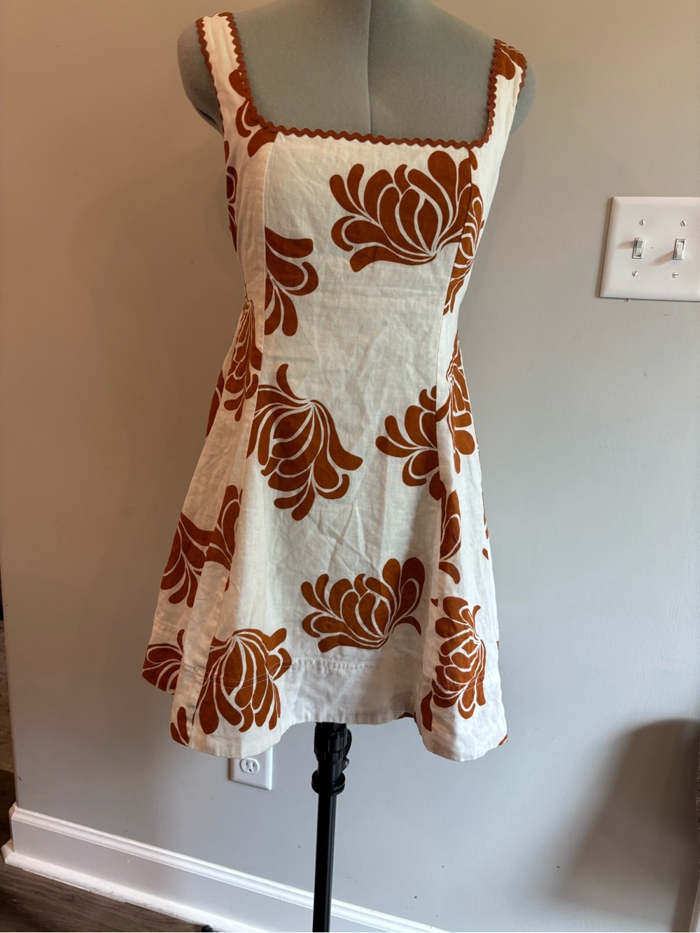 Kivari White Linen Mini Dress with Rust Floral Print